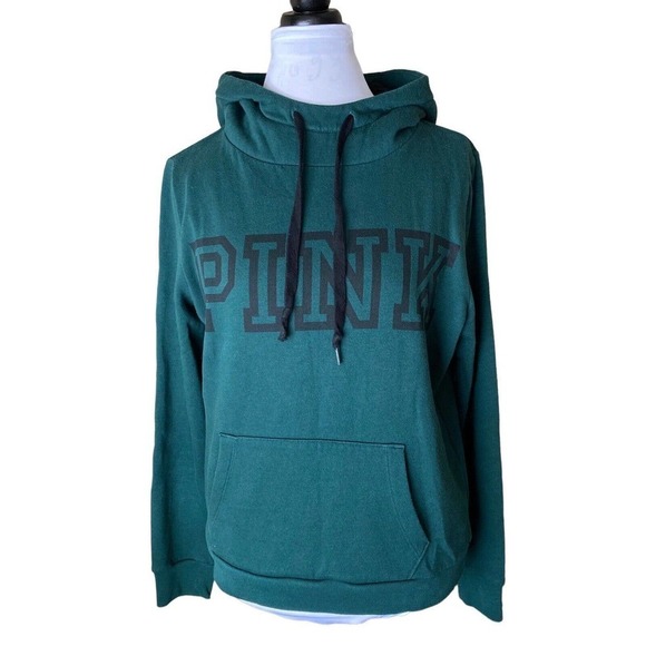 Victoria's Secret Tops - PINK Victoria Secret Womens M Green Logo Spellout Sherpa Hooded Sweatshirt